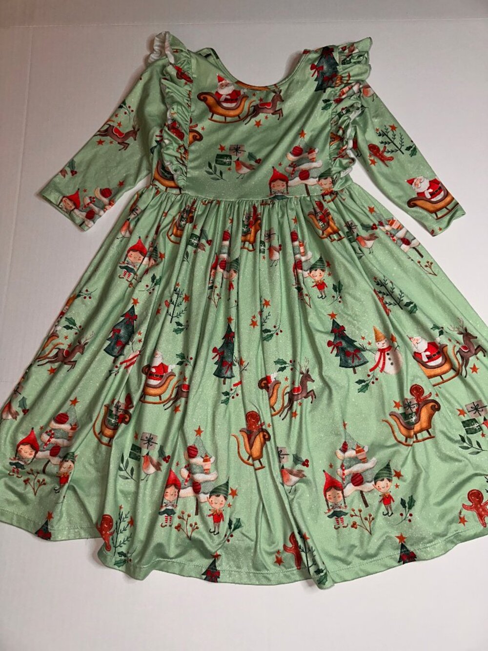 Mila & Rose Dress Girls 7/8 Green Christmas 3/4 Sleeve Ruffle Fit & Flare #804